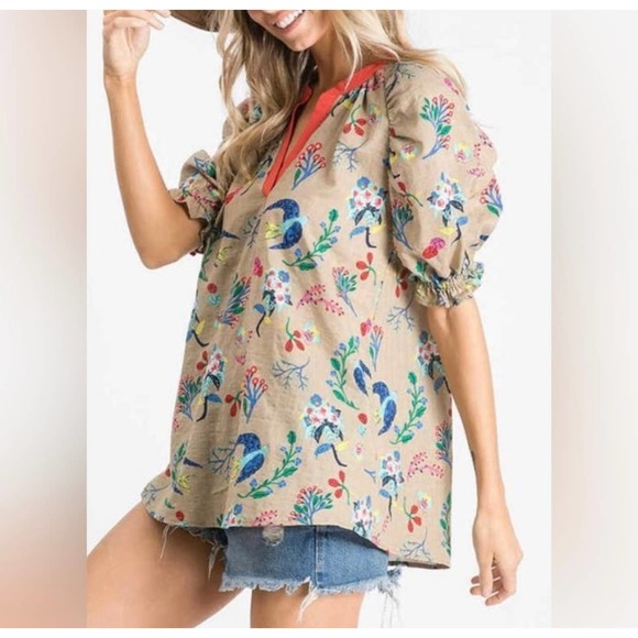 Ces Femme Puffed Sleeve Tan with Orange V-Neck Taylor Top Sz L - Picture 9 of 9